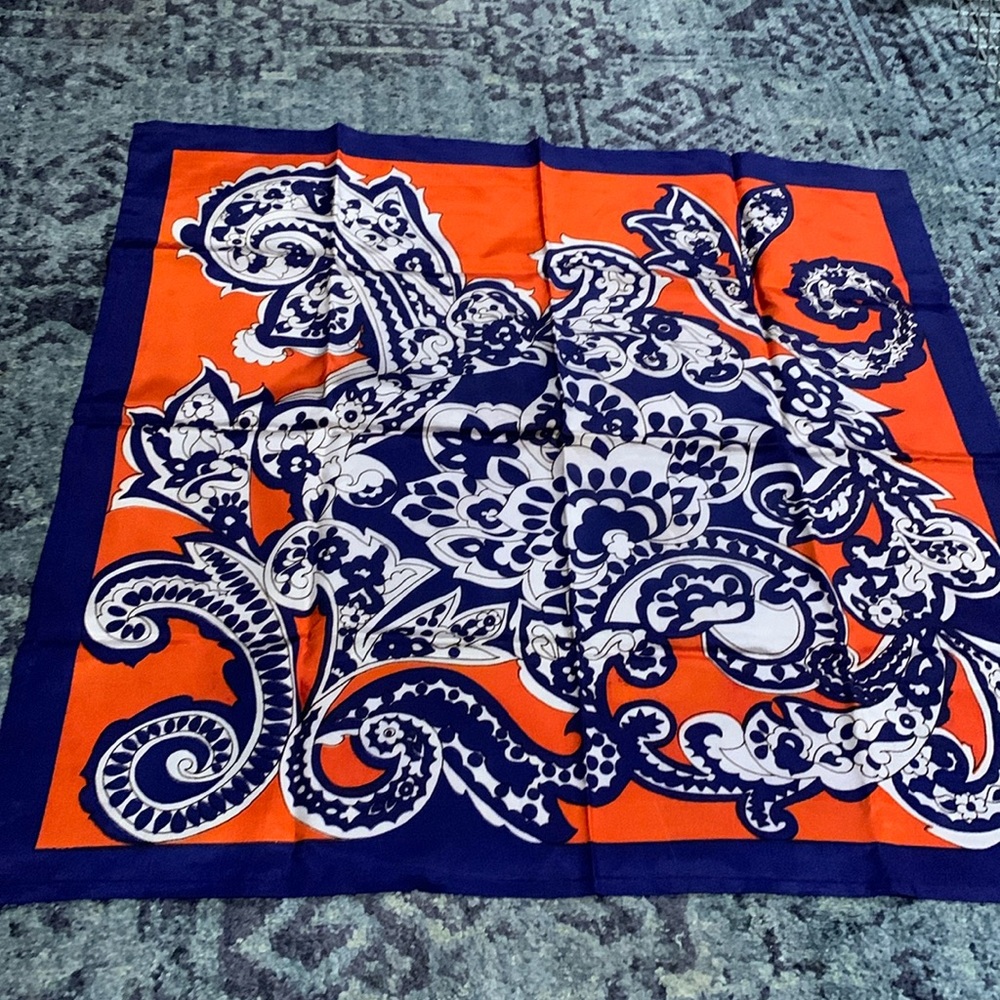 Vintage bold navy & white paisley print, bright orange background poly scarf 28”